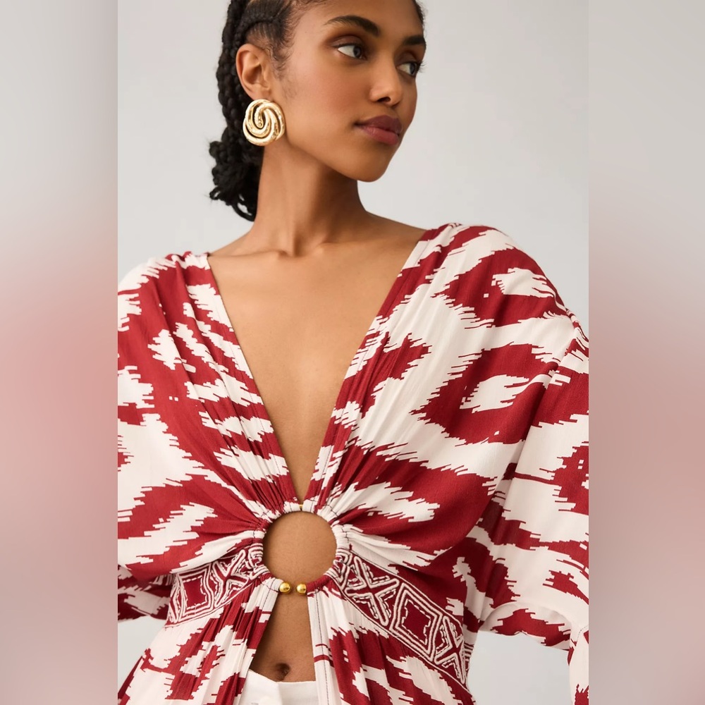NWT Anthropologie Women's Red Printed Front Ring Kaftan Cover Up Kimono Size M/L - Picture 3 of 4